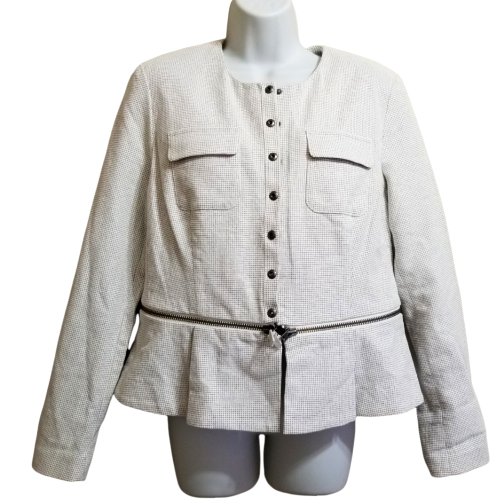 CAbi Women's Cotton Blend White Jacket with Black Accents Size 10